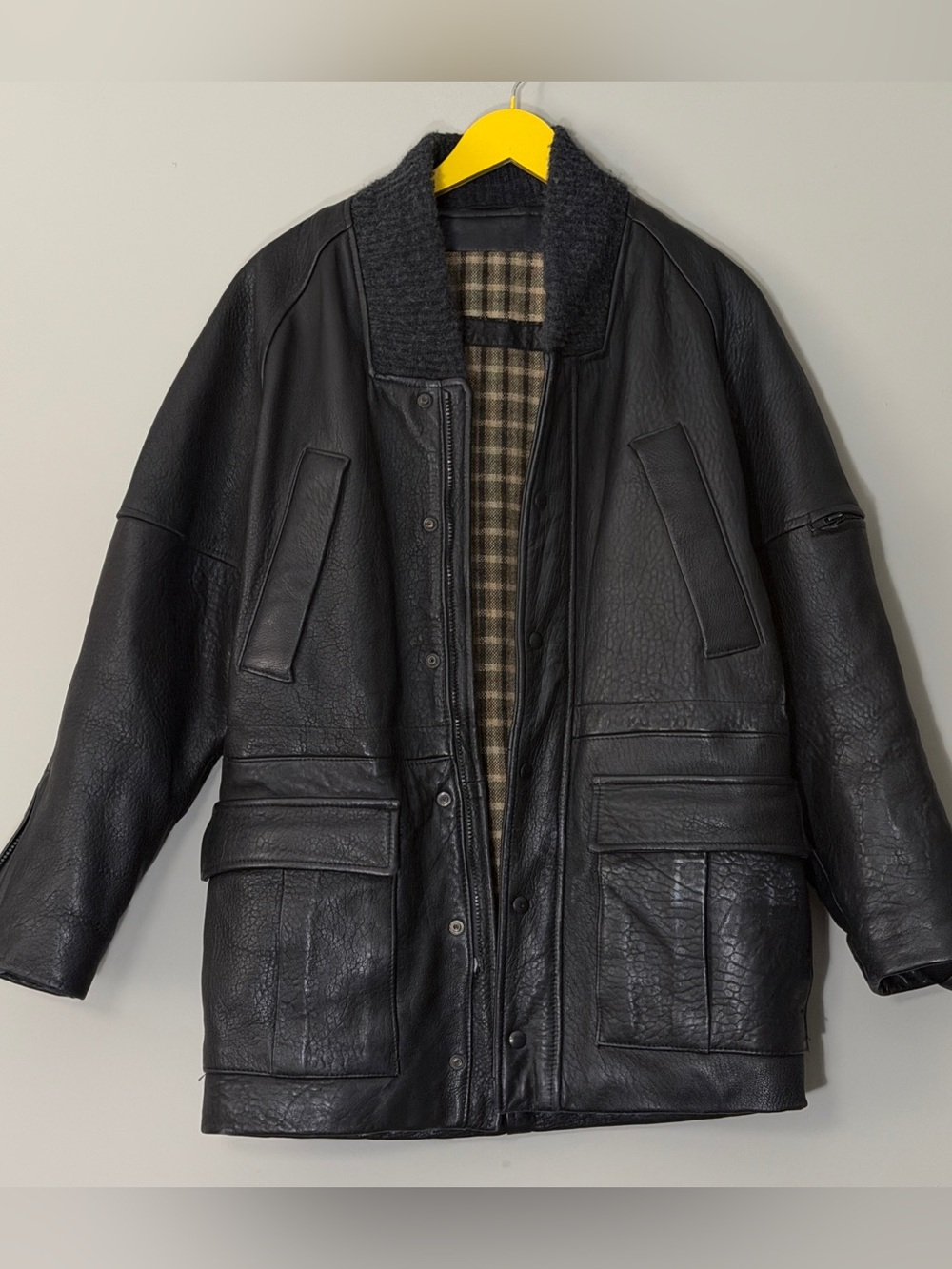YSL 90s leather jacket with plaid lining and button-up front. Size 36 euro